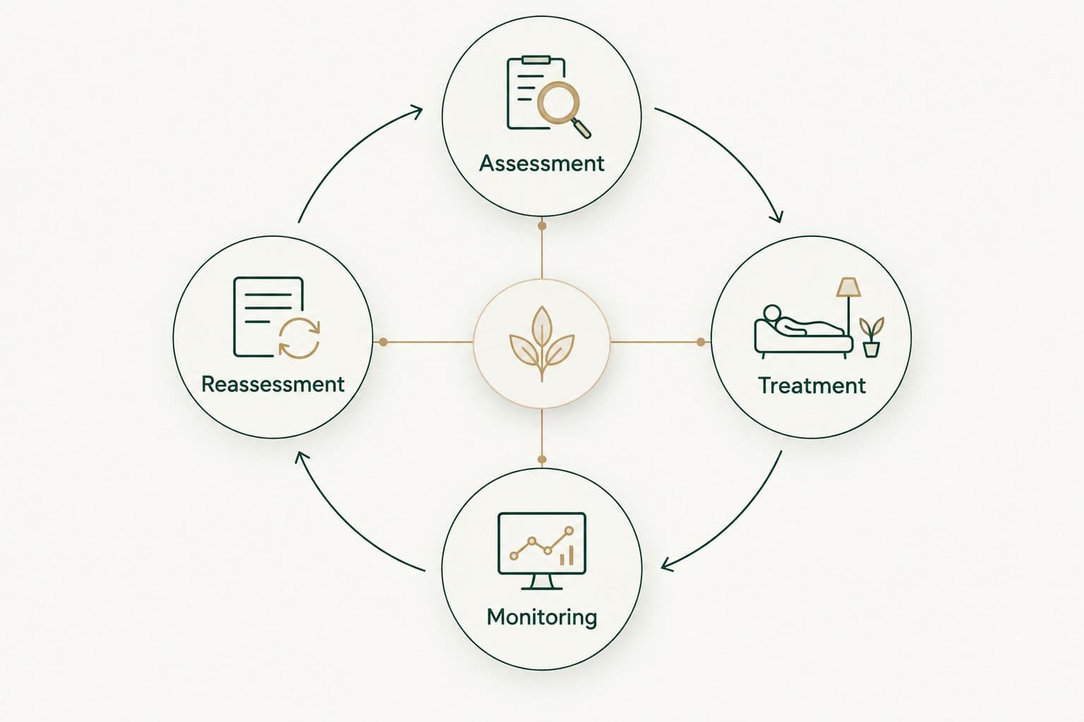A clinical care loop connecting assessment, treatment, monitoring, and reassessment