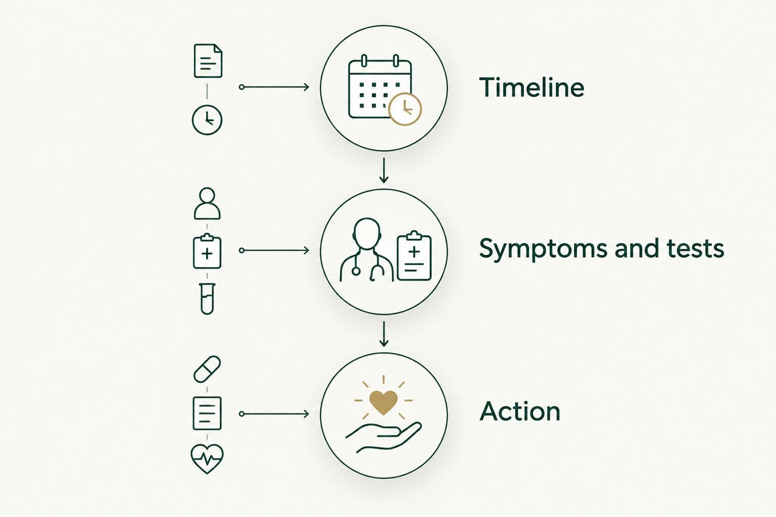 Evaluation sequence connecting your timeline, symptoms and tests and a clinical action